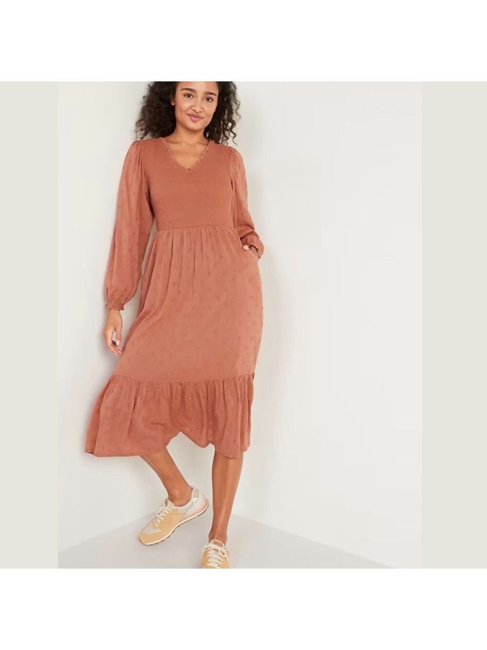 OLD NAVY Cotton Blend Midi Tiered Dress Long Balloon Sleeves Smocked Top Sz L